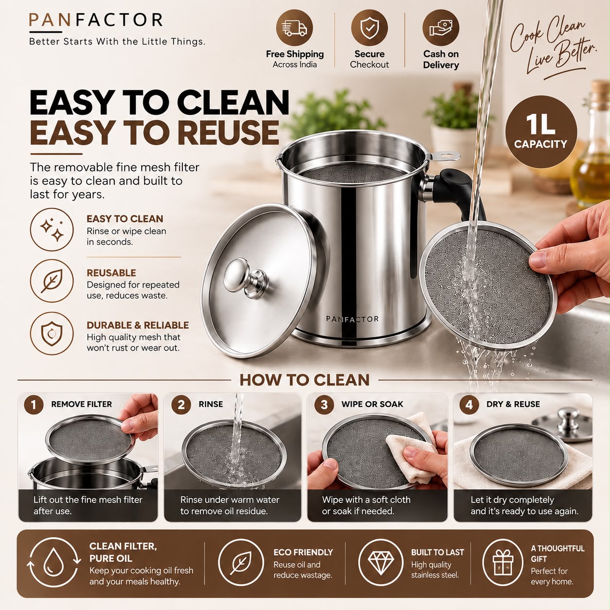 Oil Strainer Pot Grease Can 1L - Stainless Steel