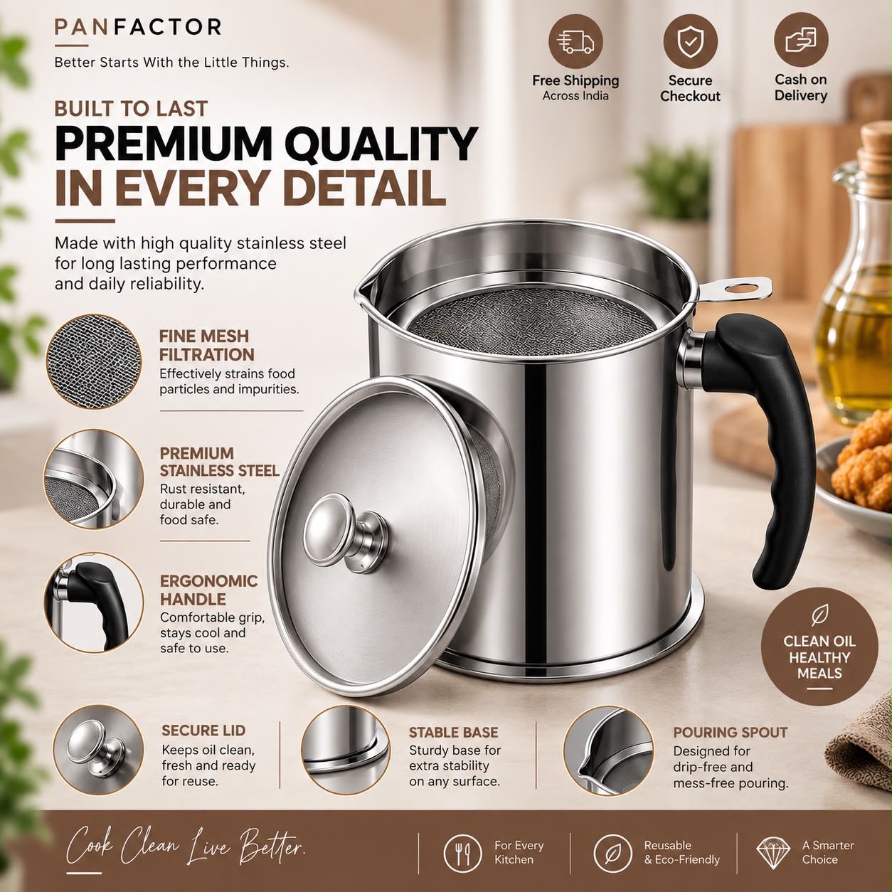 Oil Strainer Pot Grease Can 1L - Stainless Steel