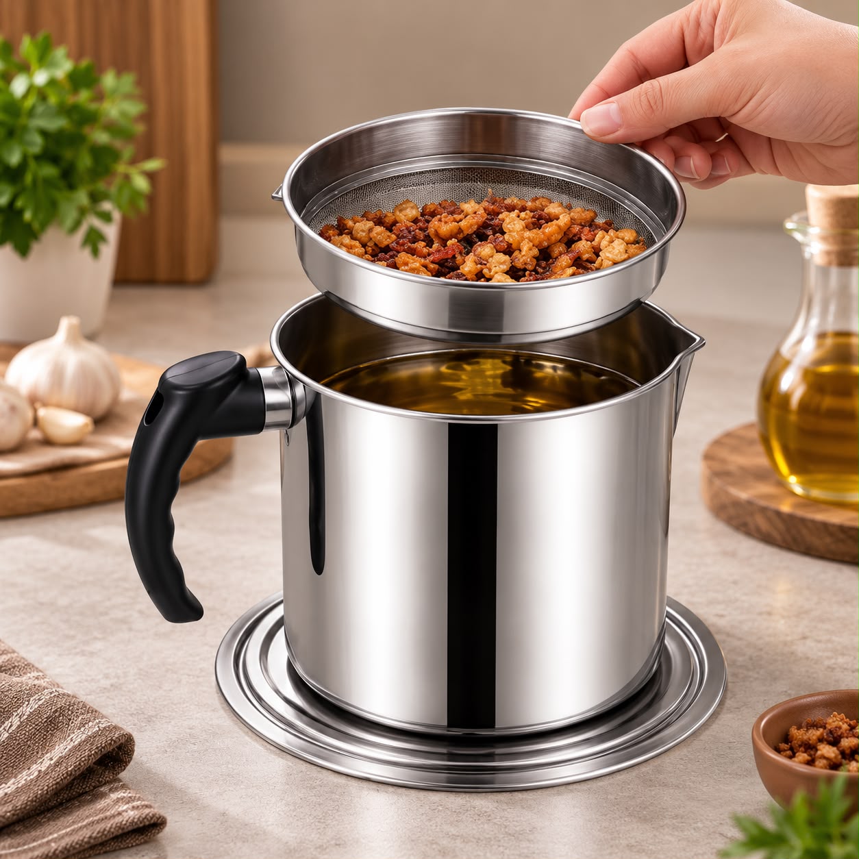 Oil Strainer Pot Grease Can 1L - Stainless Steel