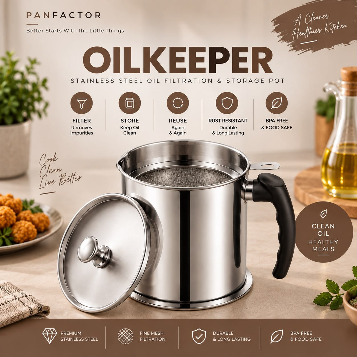Oil Strainer Pot Grease Can 1L - Stainless Steel