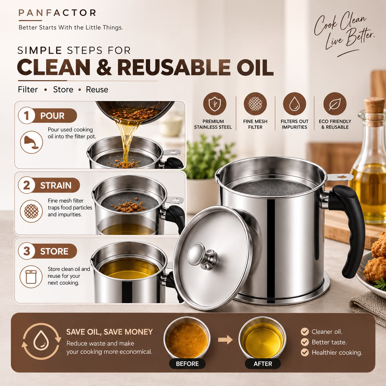 Oil Strainer Pot Grease Can 1L - Stainless Steel