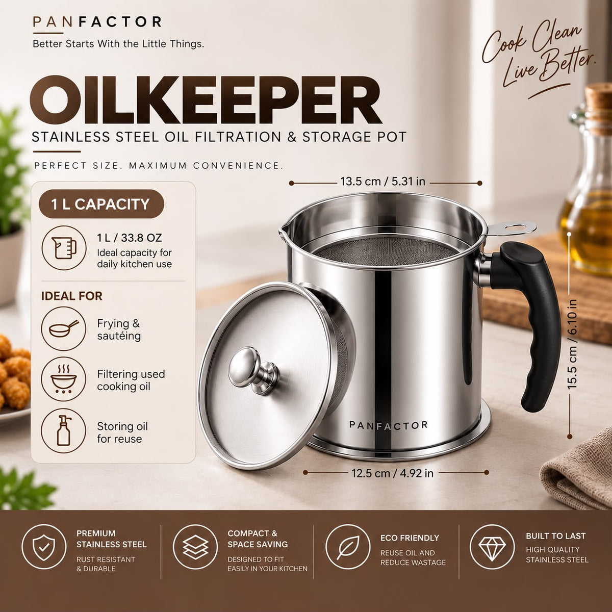 Oil Strainer Pot Grease Can 1L - Stainless Steel