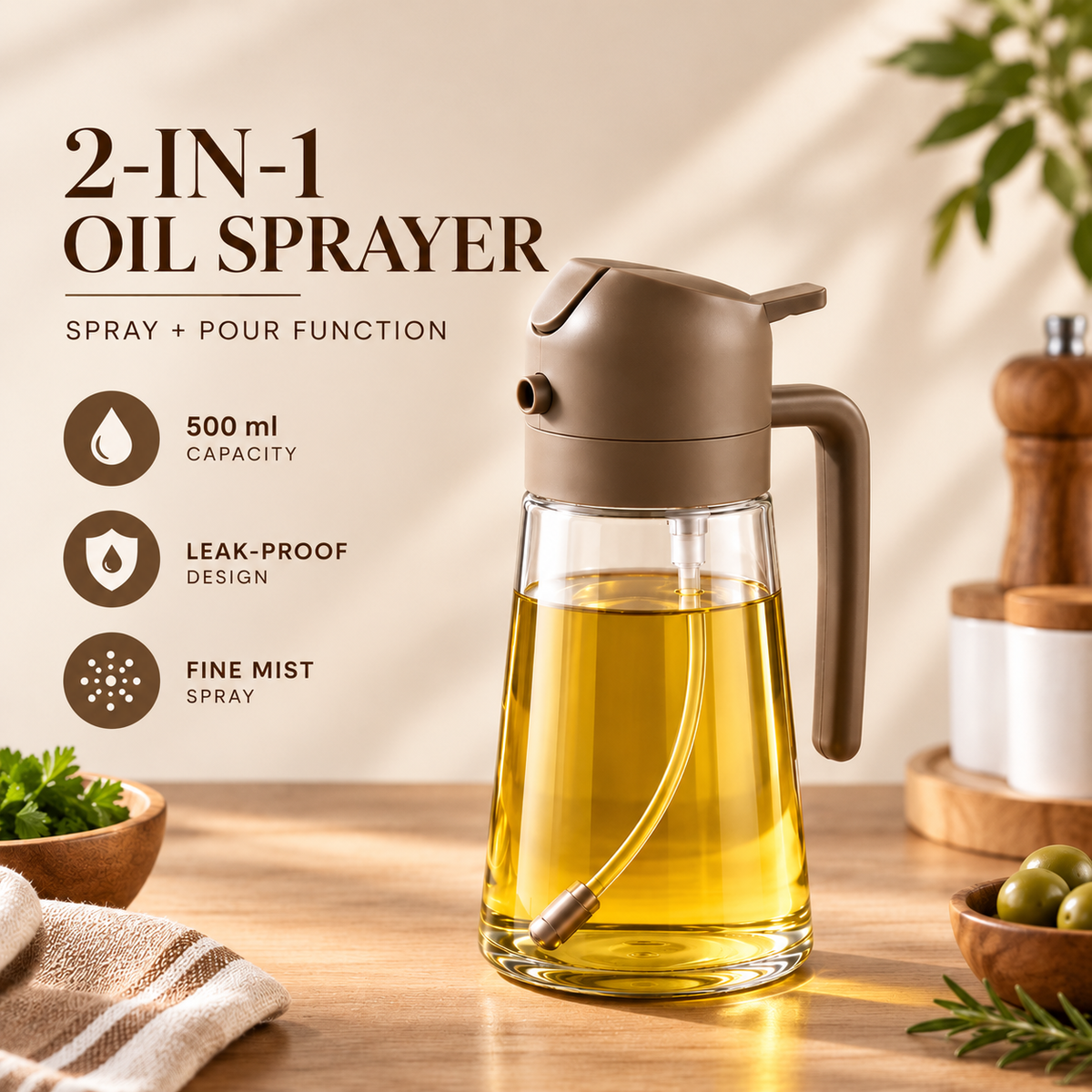 2 In 1 Oil Sprayer - 500ml Premium Glass Bottle