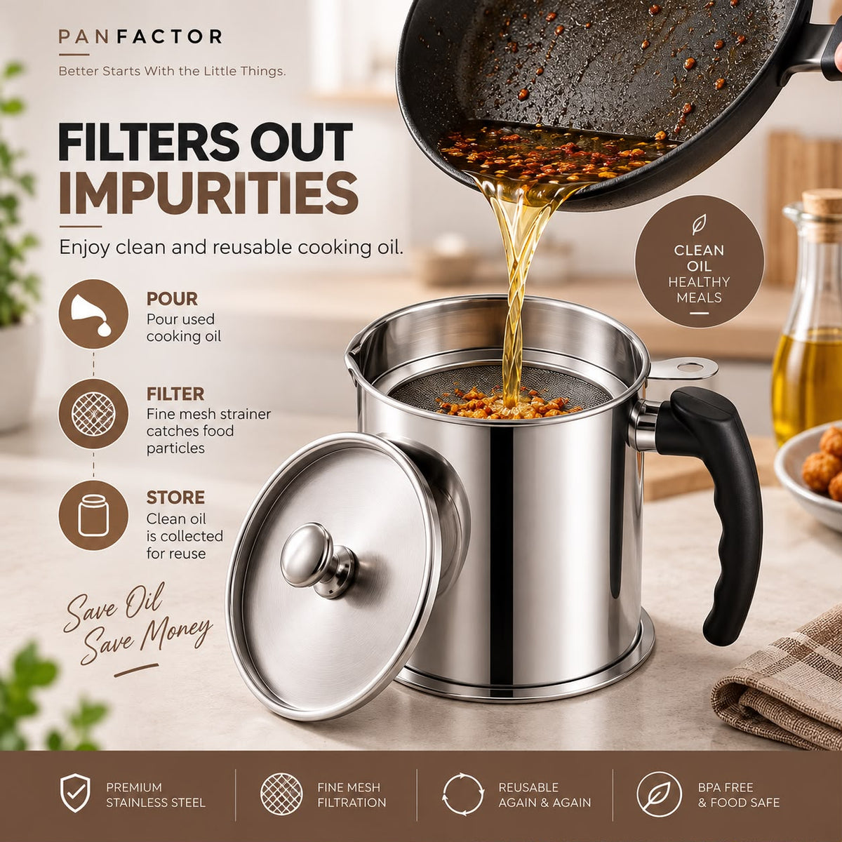 Oil Strainer Pot Grease Can 1L - Stainless Steel